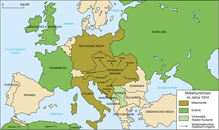 „Map Europe alliances 1914-de“ von derivative work: Danbornekde (talk)Map_Europe_alliances_1914-fr.svg: historicair - Map_Europe_alliances_1914-fr.svg. Lizenziert unter Creative Commons Attribution-Share Alike 2.5-2.0-1.0 über Wikimedia Commons - https://commons.wikimedia.org/wiki/File:Map_Europe_alliances_1914-de.svg#mediaviewer/Datei:Map_Europe_alliances_1914-de.svg
